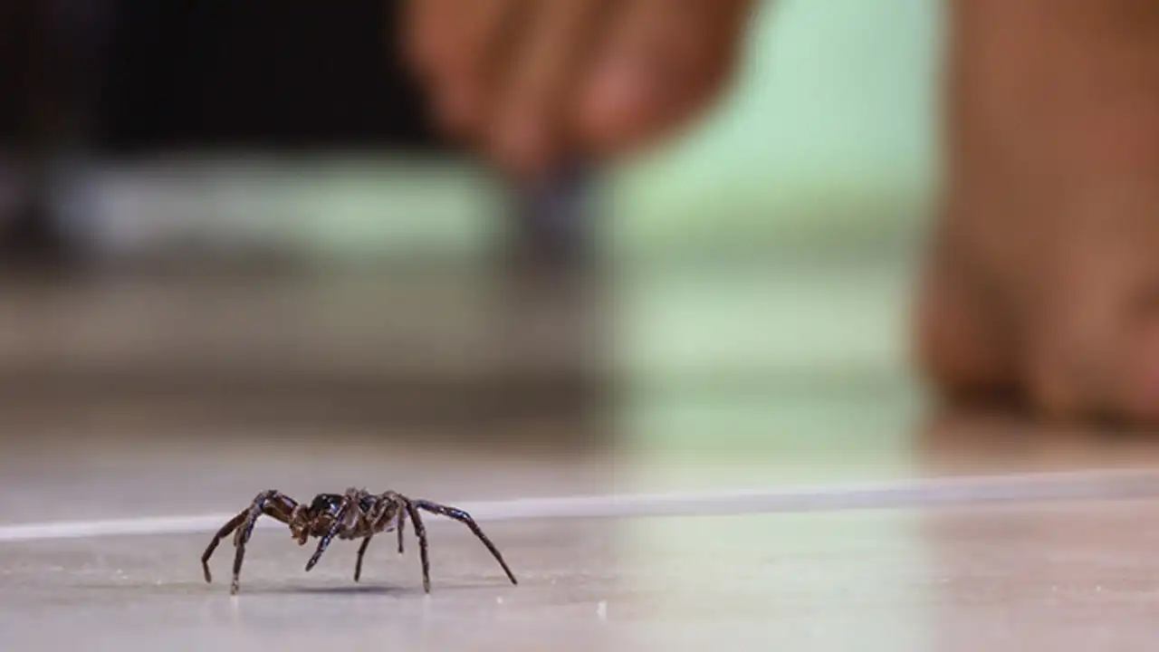 Wolf spider crawling across an indoor floor as homeowner approaches